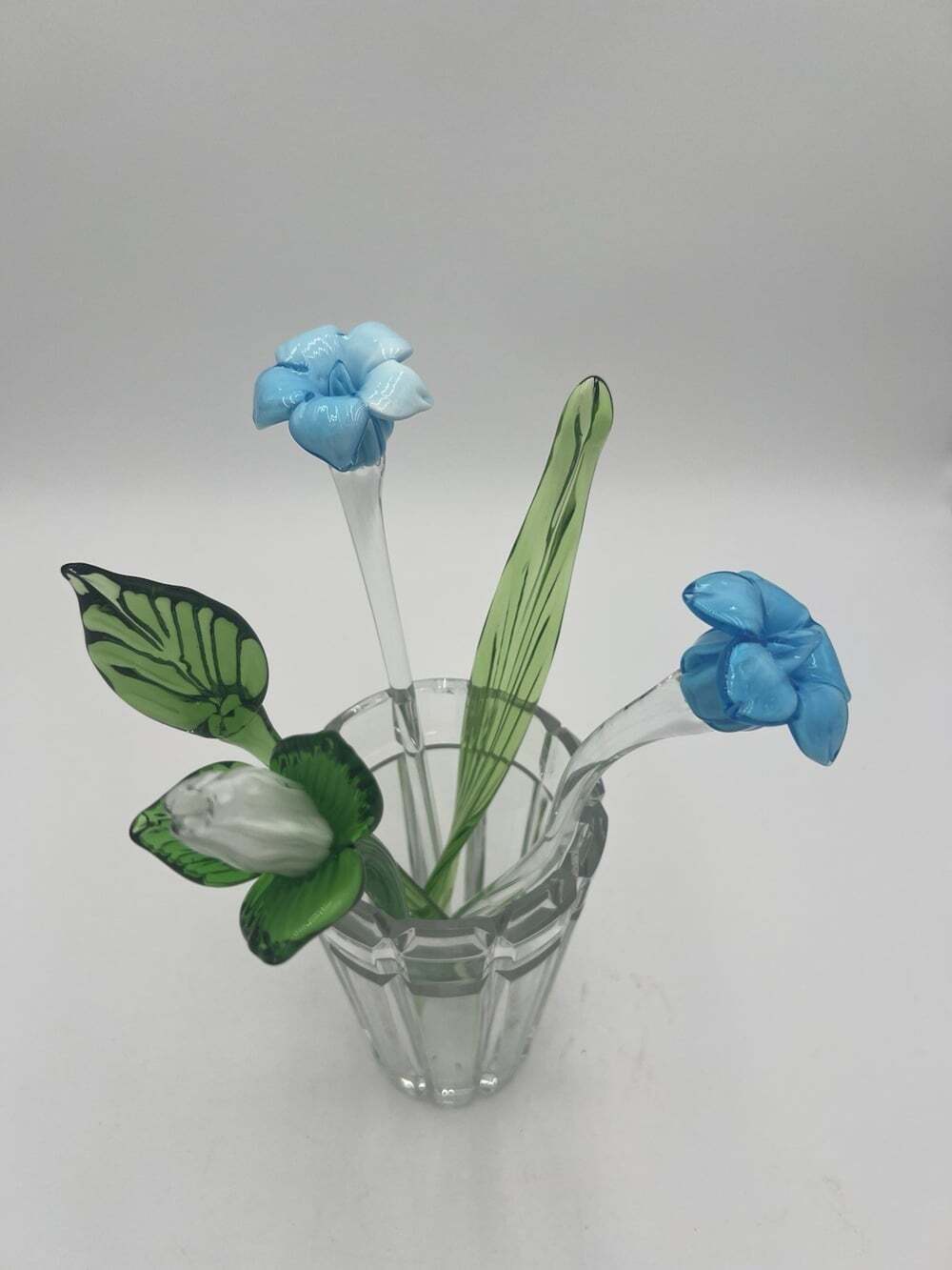 Murano Style Art Glass Flower Stems Lot 5 Blue White Green Floral 11-12” Beauty